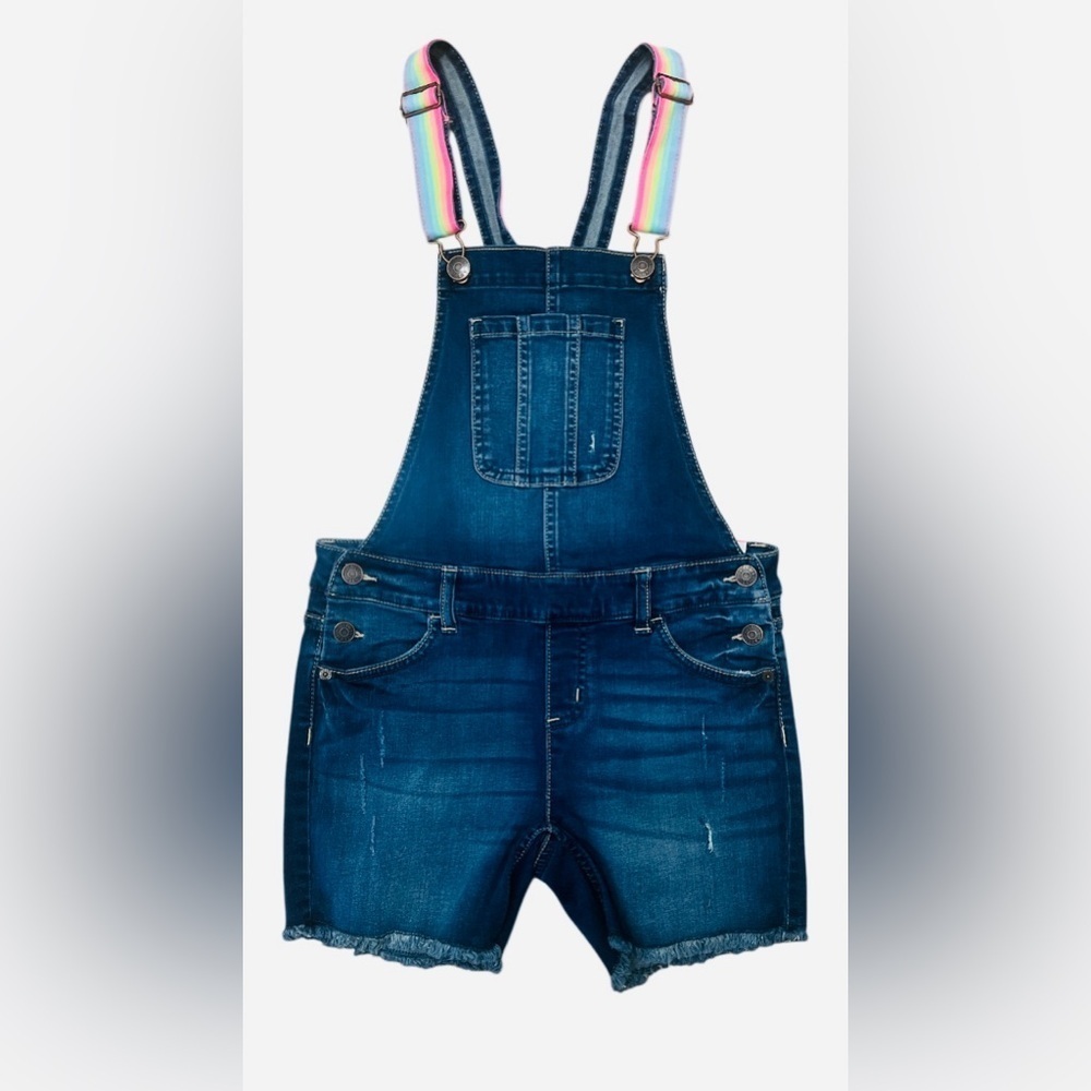 NWT - Justice Blue Denim Shortalls with Colorful Straps
